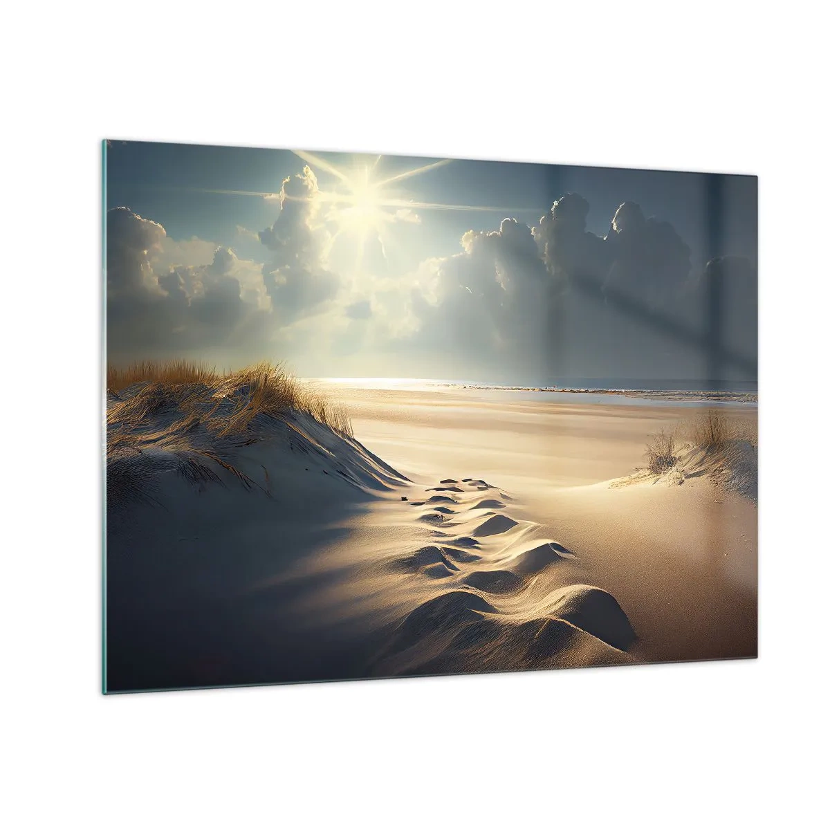 Obraz na skle - Zlaté duny osvetlené slnečnými lúčmi - 70x50cm - Upokojujúca krajina - Moderná nástenná dekorácia do obývacej izby a spálne ARTTOR