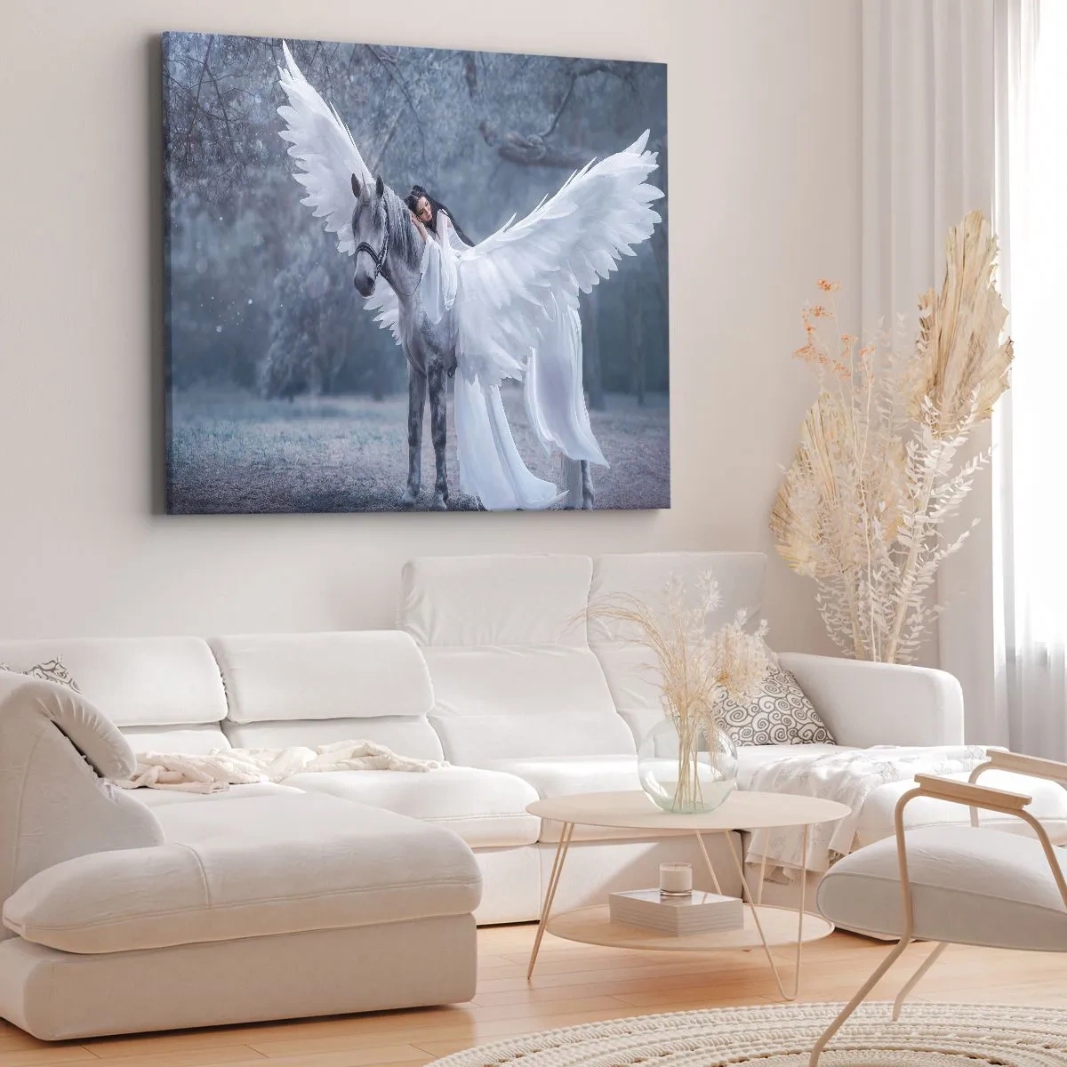Obraz na plátne - Žena na bielom koni s krídlami v magickom lese - 70x50cm - Nadšený okamih - Moderná nástenná dekorácia do obývacej izby a spálne ARTTOR