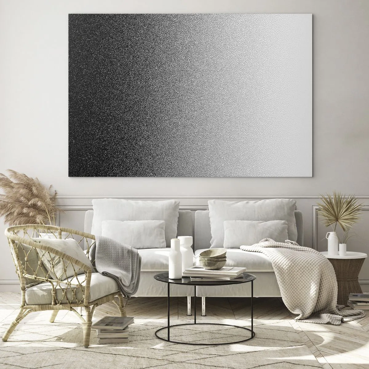 Obraz na skle - Čiernobiely gradient so zrnitými a svetelnými efektmi - 70x50cm - Smerom ku svetlu - Moderná nástenná dekorácia do obývacej izby a spálne ARTTOR