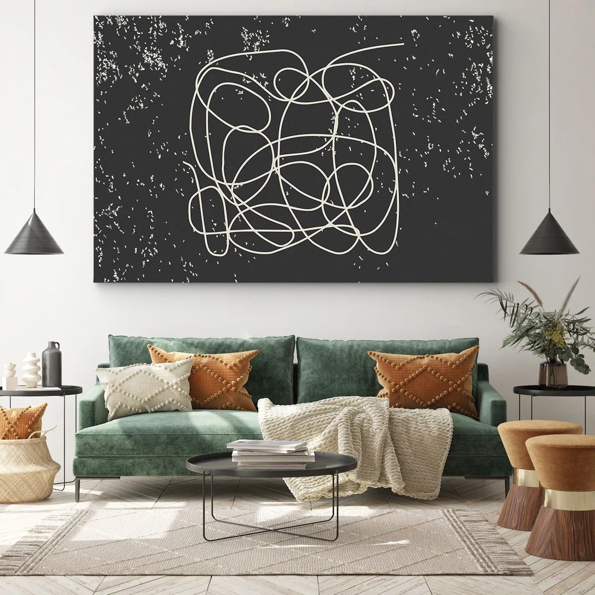 Obraz na plátne - Abstraktná čiara na čiernom pozadí s jemnými detailmi - 70x50cm - Túlanie myslí - Moderná nástenná dekorácia do obývacej izby a spálne ARTTOR