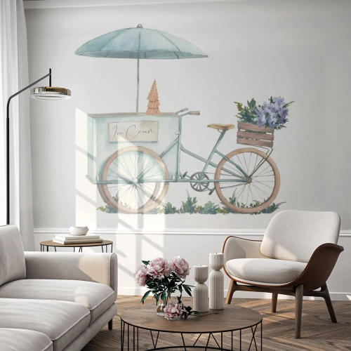Fototapeta Premium Sand - Sladká spomienka na leto - Pastel, Zmrzlina, Bicykel - 100x70 cm