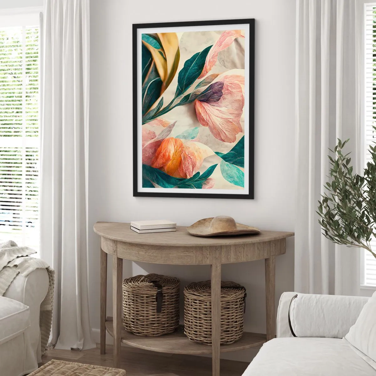 Plagát v čiernom ráme - Farebné kvety a listy v umeleckej kompozícii - 50x70cm - Kvety južných ostrovov - Moderná nástenná dekorácia do obývacej izby a spálne ARTTOR