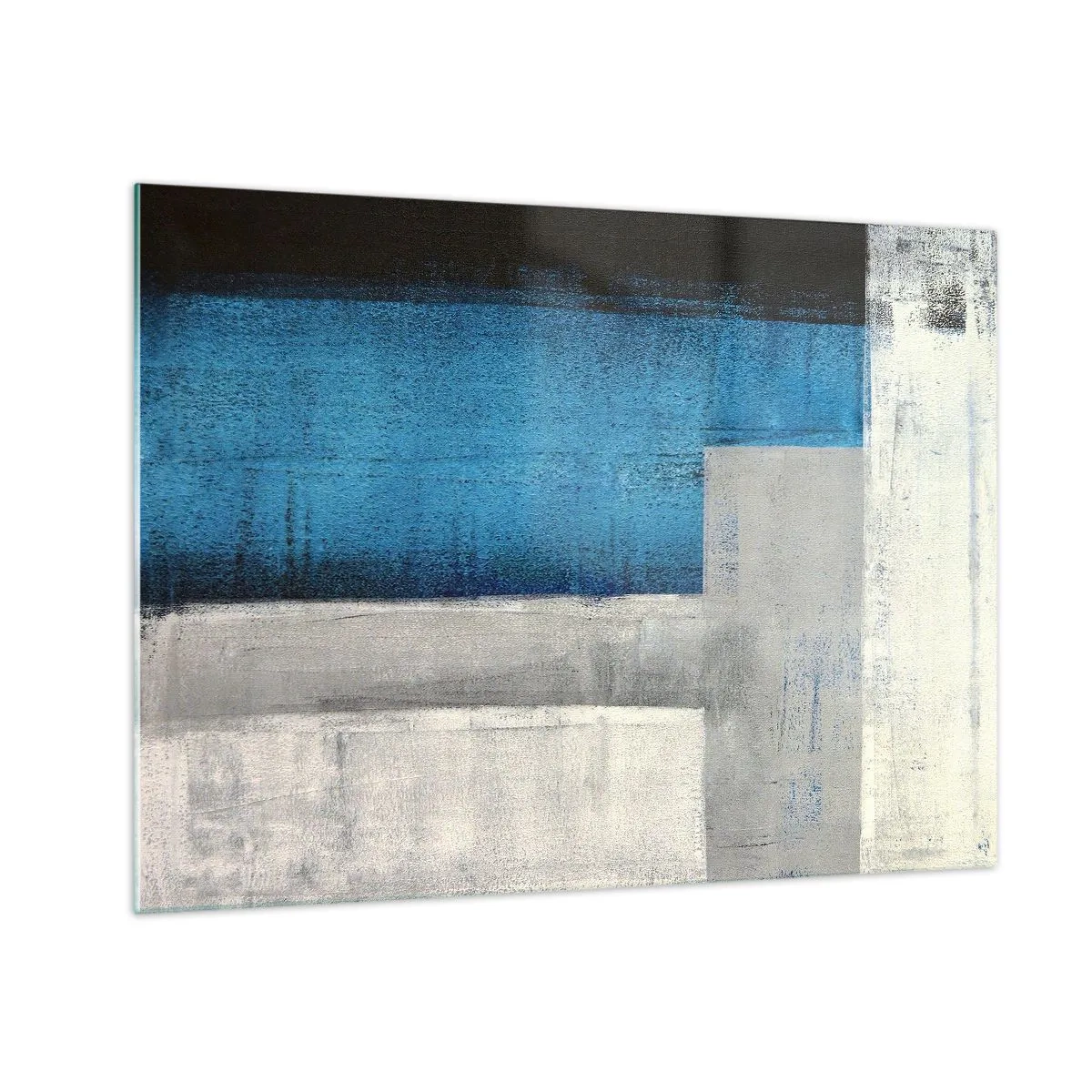 Obraz na skle - Geometrická abstrakcia v modrej, sivej a bielej farbe - 70x50cm - Poetická kompozícia šedej a modrej - Moderná nástenná dekorácia do obývacej izby a spálne ARTTOR