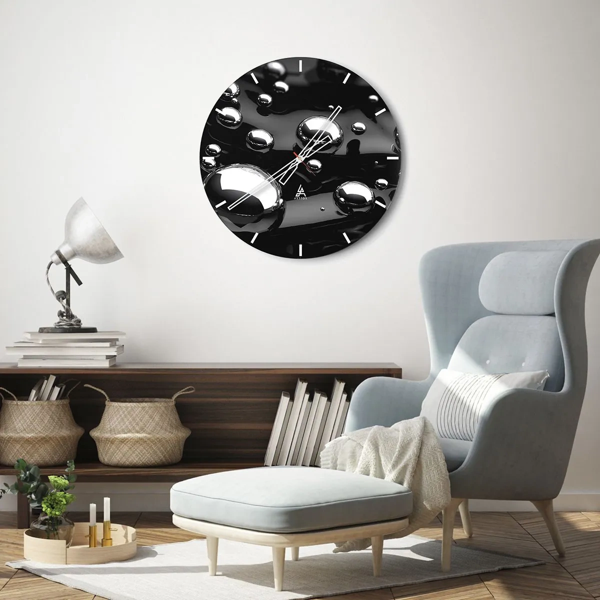 Nástenné hodiny - Čierne pozadie s trblietavými kvapkami vody - 30x30cm - Z čiernej tône - Moderná nástenná dekorácia do obývacej izby, kuchyne a spálne ARTTOR