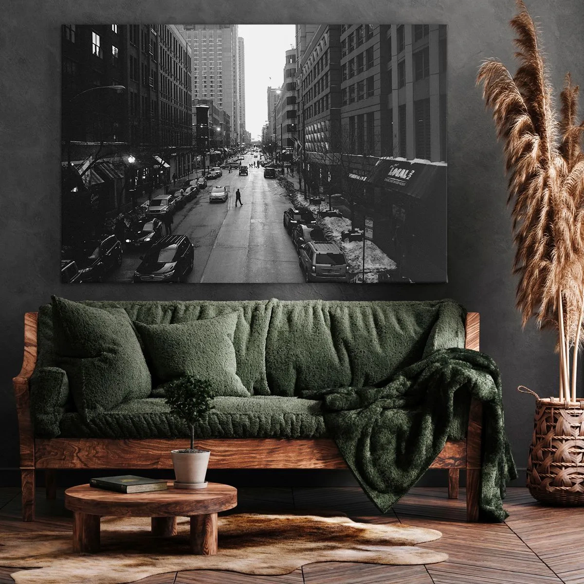 Obraz na plátne - Čiernobiela ulica uprostred mesta s autami a chodcami - 70x50cm - Ďalší deň, ako každý iný - Moderná nástenná dekorácia do obývacej izby a spálne ARTTOR