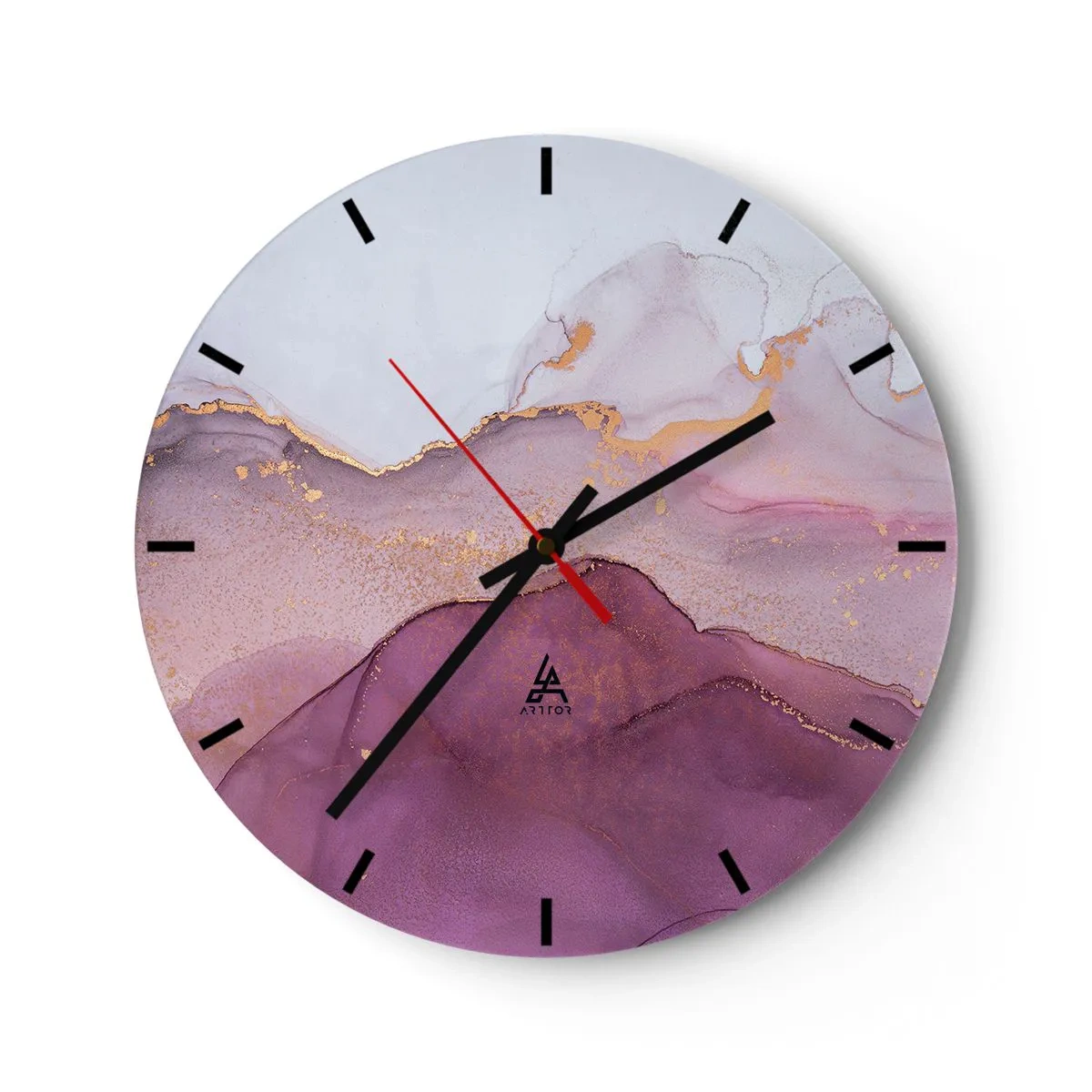 Nástenné hodiny - Abstraktné vlny v odtieňoch lila, fialovej a zlatej - 30x30cm - Fialové a ľalové vlny - Moderná nástenná dekorácia do obývacej izby, kuchyne a spálne ARTTOR