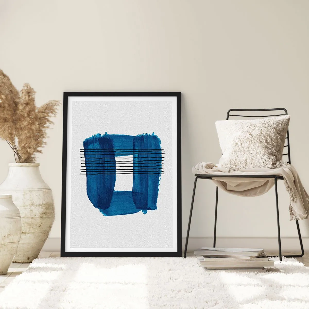 Plagát v čiernom ráme - Abstraktná kompozícia v odtieňoch modrej - 50x70cm - Modročierna kompozícia - Moderná nástenná dekorácia do obývacej izby a spálne ARTTOR