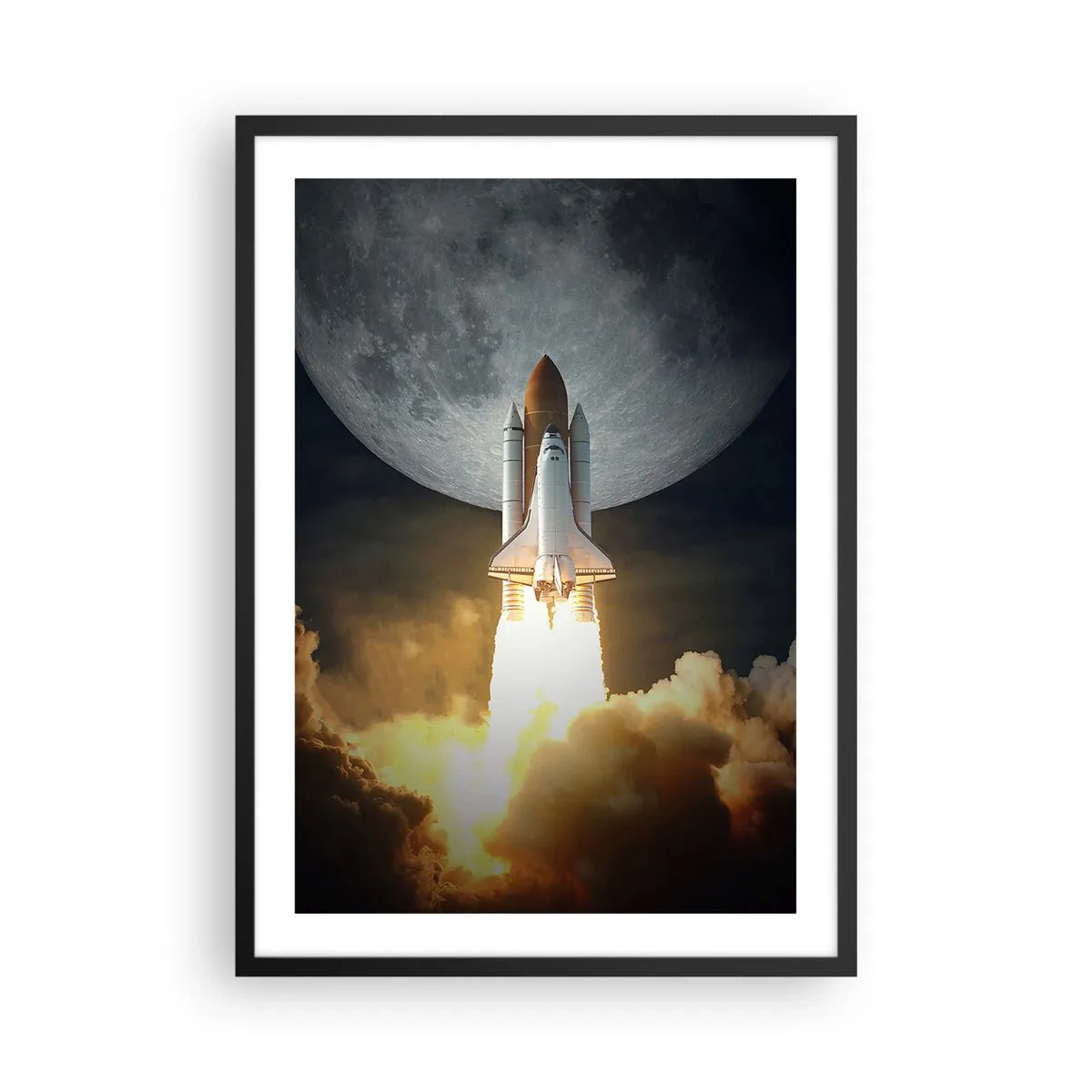 Plagát v čiernom ráme - Štart raketoplánu s Mesiacom v pozadí - 50x70cm - Začiatok nadprirodzeného dobrodružstva - Moderná nástenná dekorácia do obývacej izby a spálne ARTTOR
