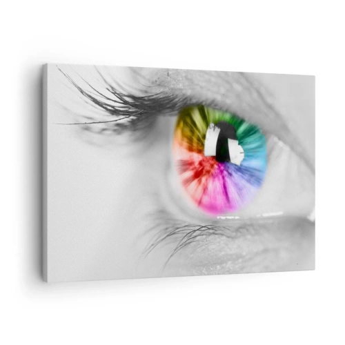Obraz na plátne - Umelecká snímka oka s dúhovou dúhovkou na sivom pozadí - 70x50cm - Pozerať sa na svet farebne - Moderná nástenná dekorácia do obývacej izby a spálne ARTTOR