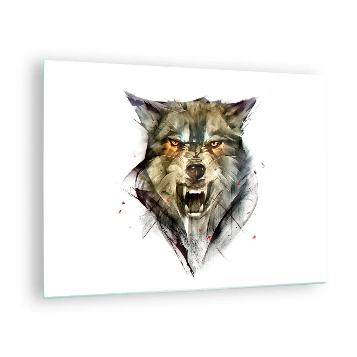 Obraz na skle - Grafika hrozivého vlka s otvorenými ústami a intenzívnym pohľadom - 70x50cm - Ani krok! - Moderná nástenná dekorácia do obývacej izby a spálne ARTTOR
