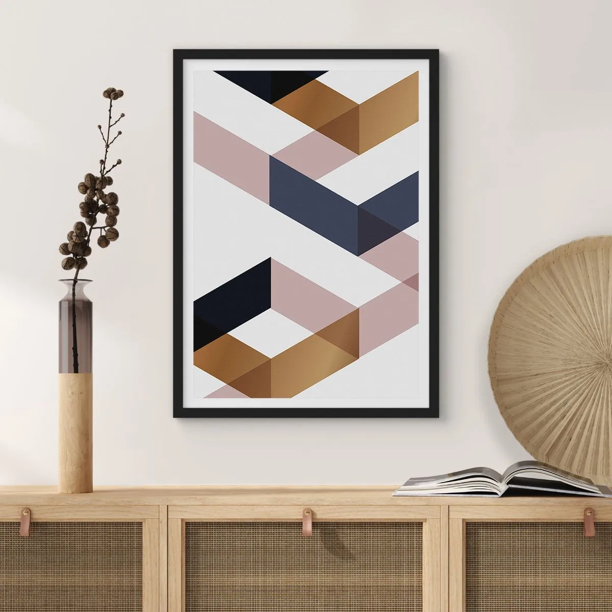 Plagát v čiernom ráme - Geometrické tvary v odtieňoch zlatej, čiernej a béžovej - 50x70cm - Roviny a uhly - Moderná nástenná dekorácia do obývacej izby a spálne ARTTOR