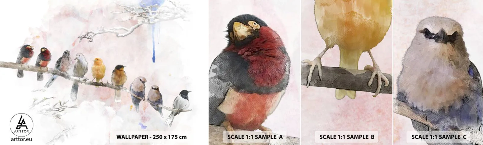 Vzorka samolepiacej fototapety Deluxe Sticker - Okrídlené stretnutie - Vtáky, Príroda, Grafika - 100x30 cm