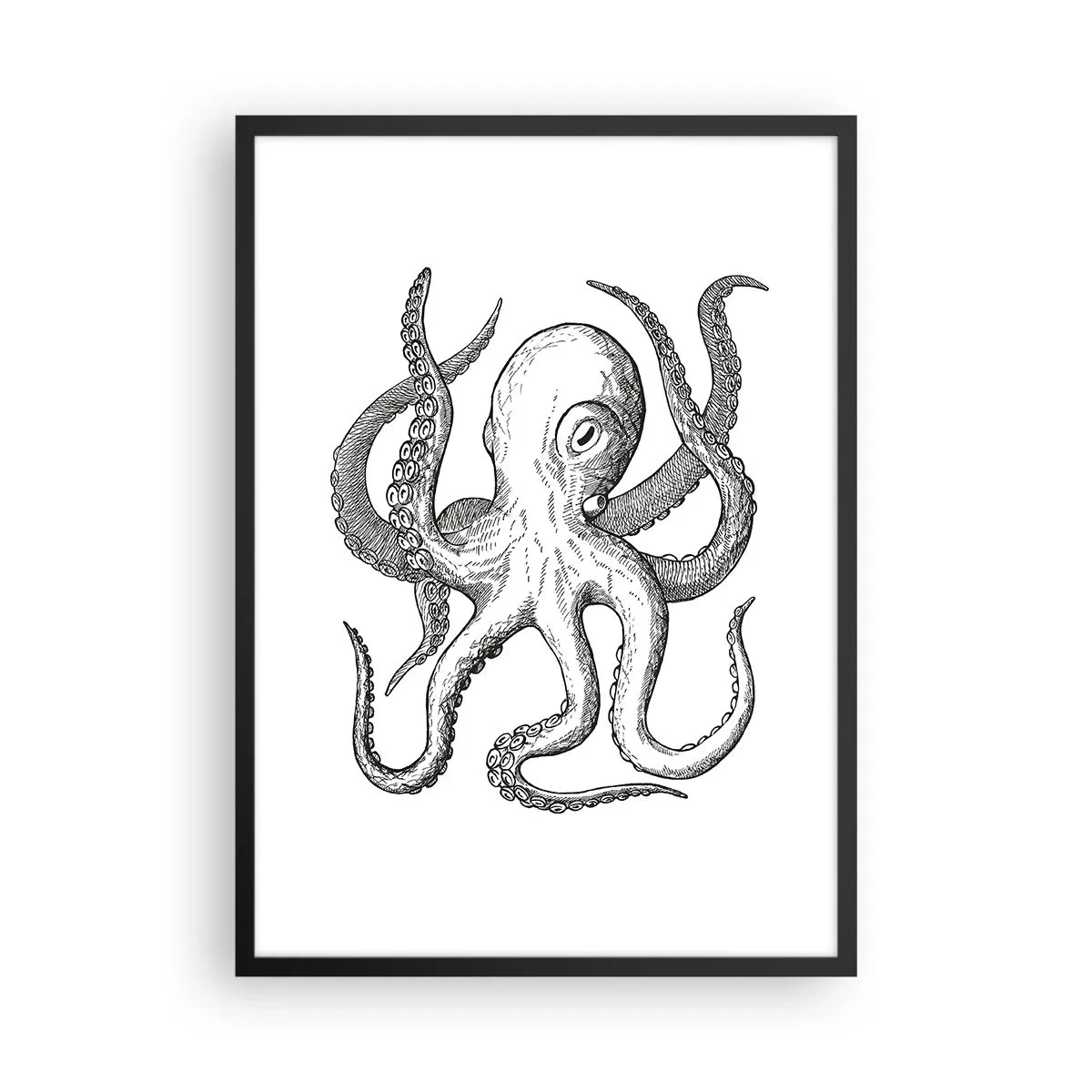 Plagát v čiernom ráme - Čiernobiela ukážka chobotnice - 50x70cm - Tancujúca s vlnami - Moderná nástenná dekorácia do obývacej izby a spálne ARTTOR