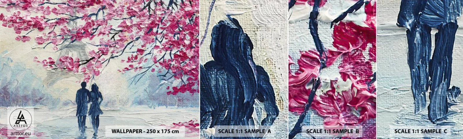 Vzorka samolepiacej fototapety Deluxe Sticker - Romantická prechádzka - Paríž, Eiffelova veža, Zamilovaný pár - 100x30 cm