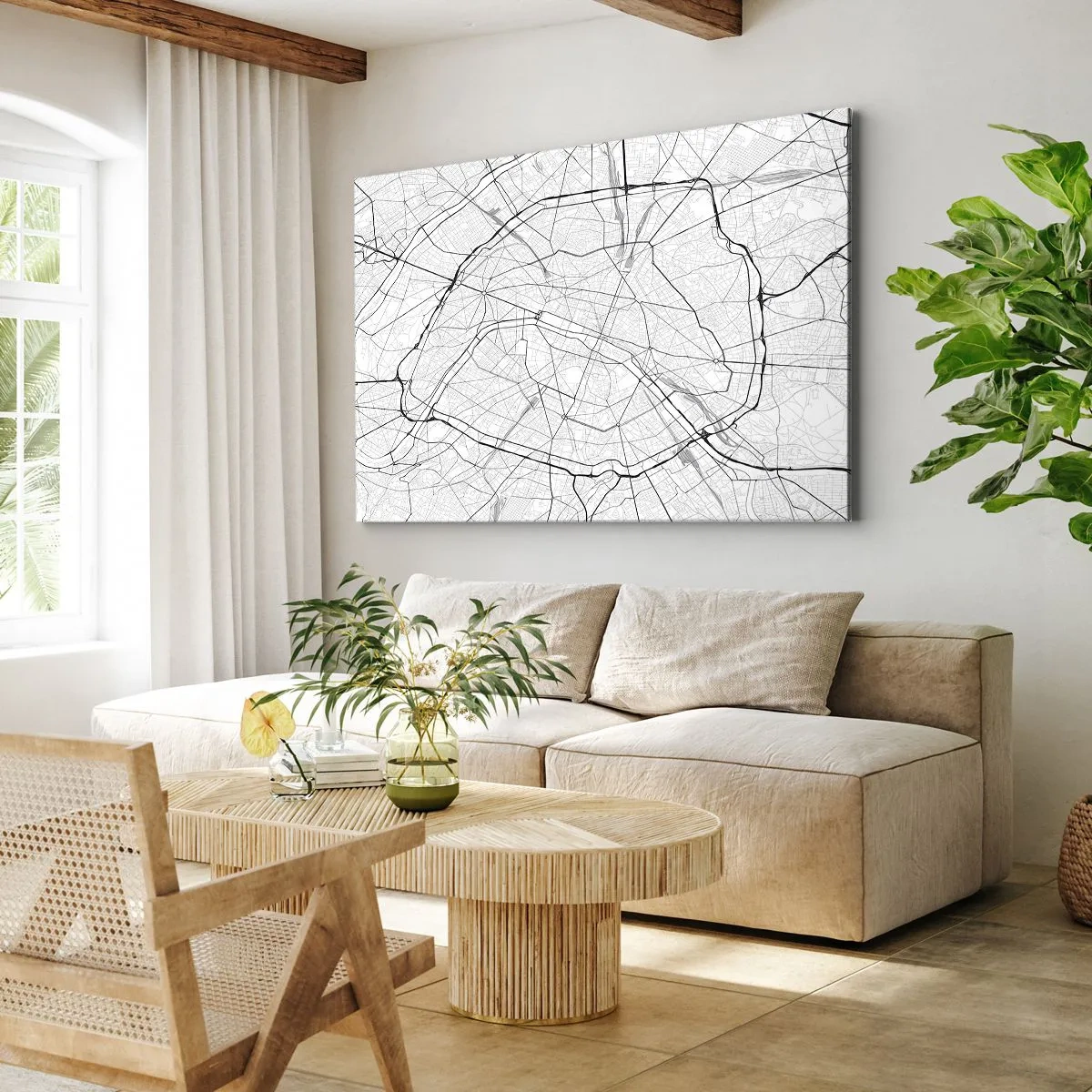 Obraz na plátne - Minimalistická mapa mesta v čiernobielej farbe - 70x50cm - Kvet Paríža - Moderná nástenná dekorácia do obývacej izby a spálne ARTTOR