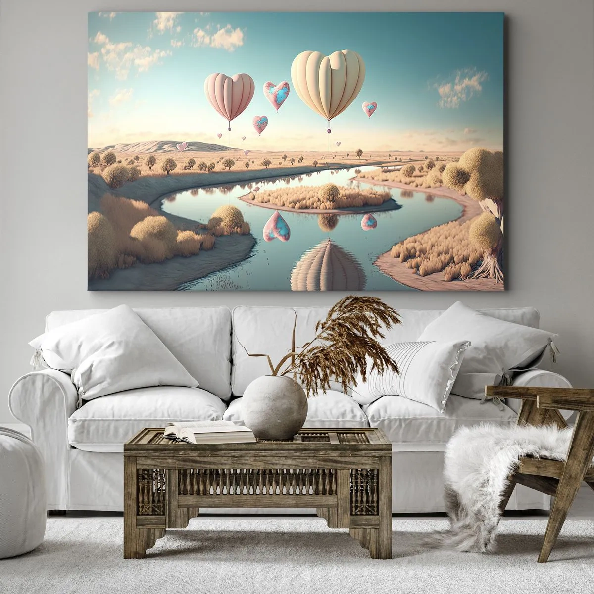 Obraz na plátne - Balóny v tvare srdca sa vznášajú nad krajinou - 70x50cm - Láska ťa nechá vzlietnuť - Moderná nástenná dekorácia do obývacej izby a spálne ARTTOR
