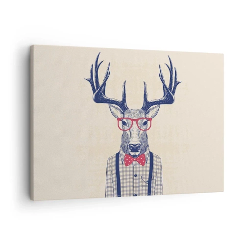 Obraz na plátne - Štylizovaná grafika jeleňa s okuliarmi a motýlikom - 70x50cm - Zábavná extravagancia - Moderná nástenná dekorácia do obývacej izby a spálne ARTTOR
