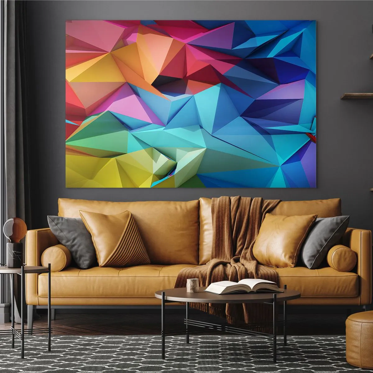 Obraz na skle - Geometrická kompozícia v intenzívnych, viacfarebných odtieňoch - 70x50cm - Dúhové origami - Moderná nástenná dekorácia do obývacej izby a spálne ARTTOR