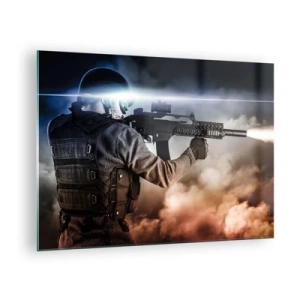 Obraz na skle - Vojak v akcii strieľajúci z pušky na pozadí dymu. - 70x50cm - Proste hrdina - Moderná nástenná dekorácia do obývacej izby a spálne ARTTOR
