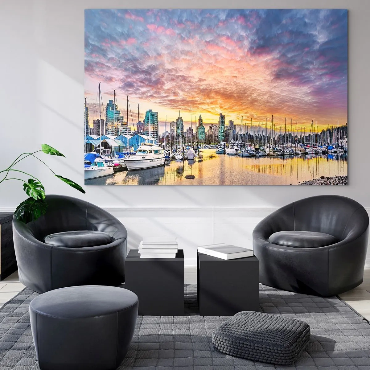 Obraz na skle - Západ slnka nad prístavom s loďami a mrakodrapmi - 70x50cm - Mesto tisíca námorníkov - Moderná nástenná dekorácia do obývacej izby a spálne ARTTOR