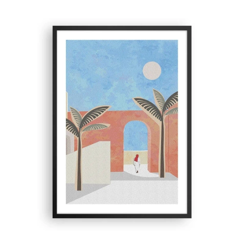 Plagát v čiernom ráme - Minimalistická scenéria s palmami a oblúkom - 50x70cm - Arabský deň - Moderná nástenná dekorácia do obývacej izby a spálne ARTTOR