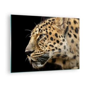 Obraz na skle - Profil leoparda na čiernom pozadí - 70x50cm - Pokojný, sústredený, pripravený - Moderná nástenná dekorácia do obývacej izby a spálne ARTTOR