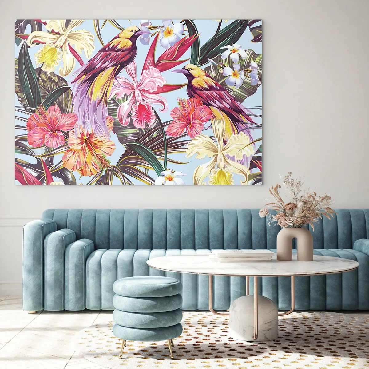 Obraz na skle - Exotické vtáky a kvety na svetlom pozadí - 70x50cm - Plátky a pierka - Moderná nástenná dekorácia do obývacej izby a spálne ARTTOR