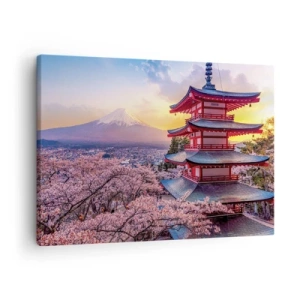 Obraz na plátne - Pagoda v Japonsku s čerešňovými kvetmi a horou Fudži - 70x50cm - Podstata japonského ducha - Moderná nástenná dekorácia do obývacej izby a spálne ARTTOR