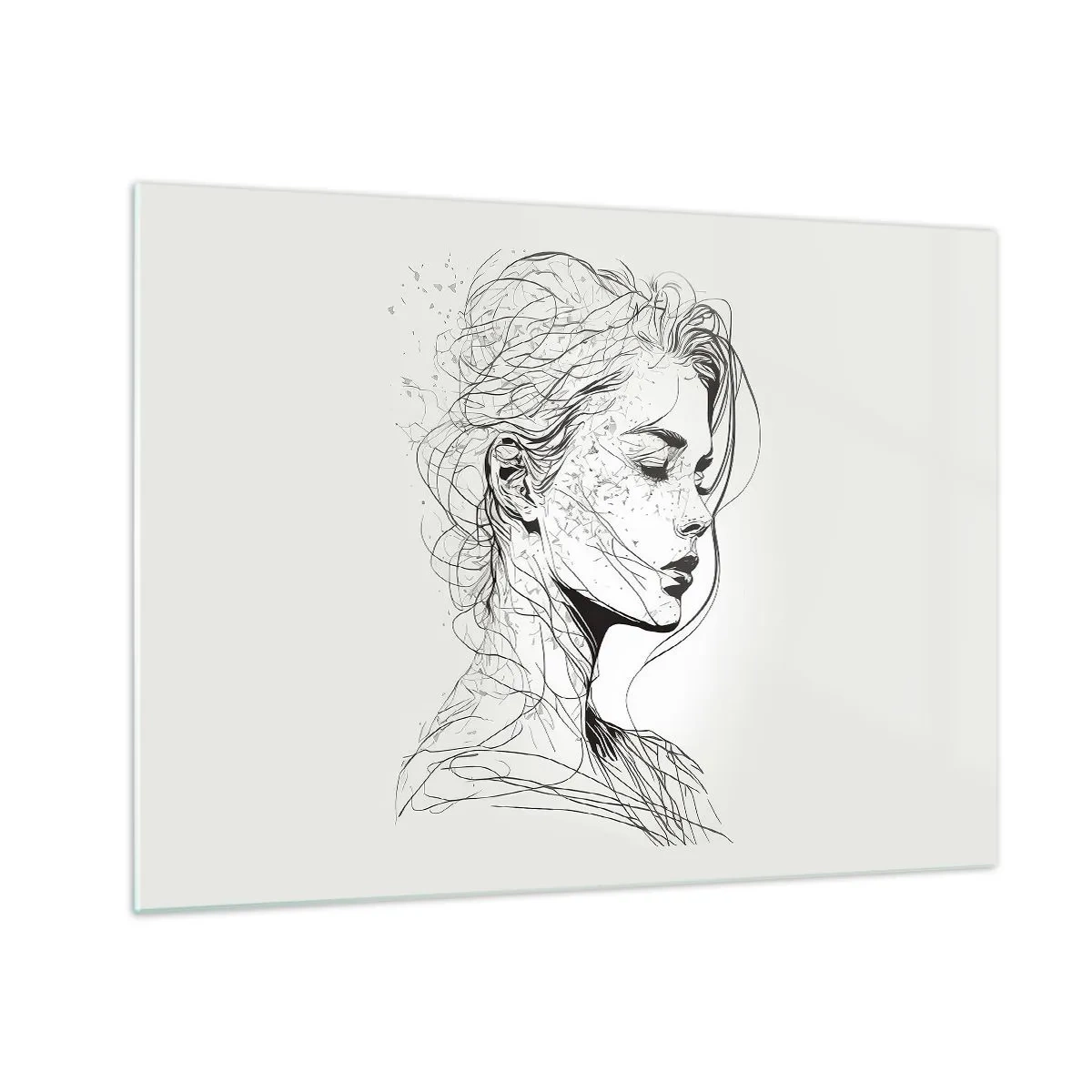 Obraz na skle - Čiernobiela skica ženy so zatvorenými očami v jemnej línii. - 70x50cm - Portrét v zamyslení - Moderná nástenná dekorácia do obývacej izby a spálne ARTTOR