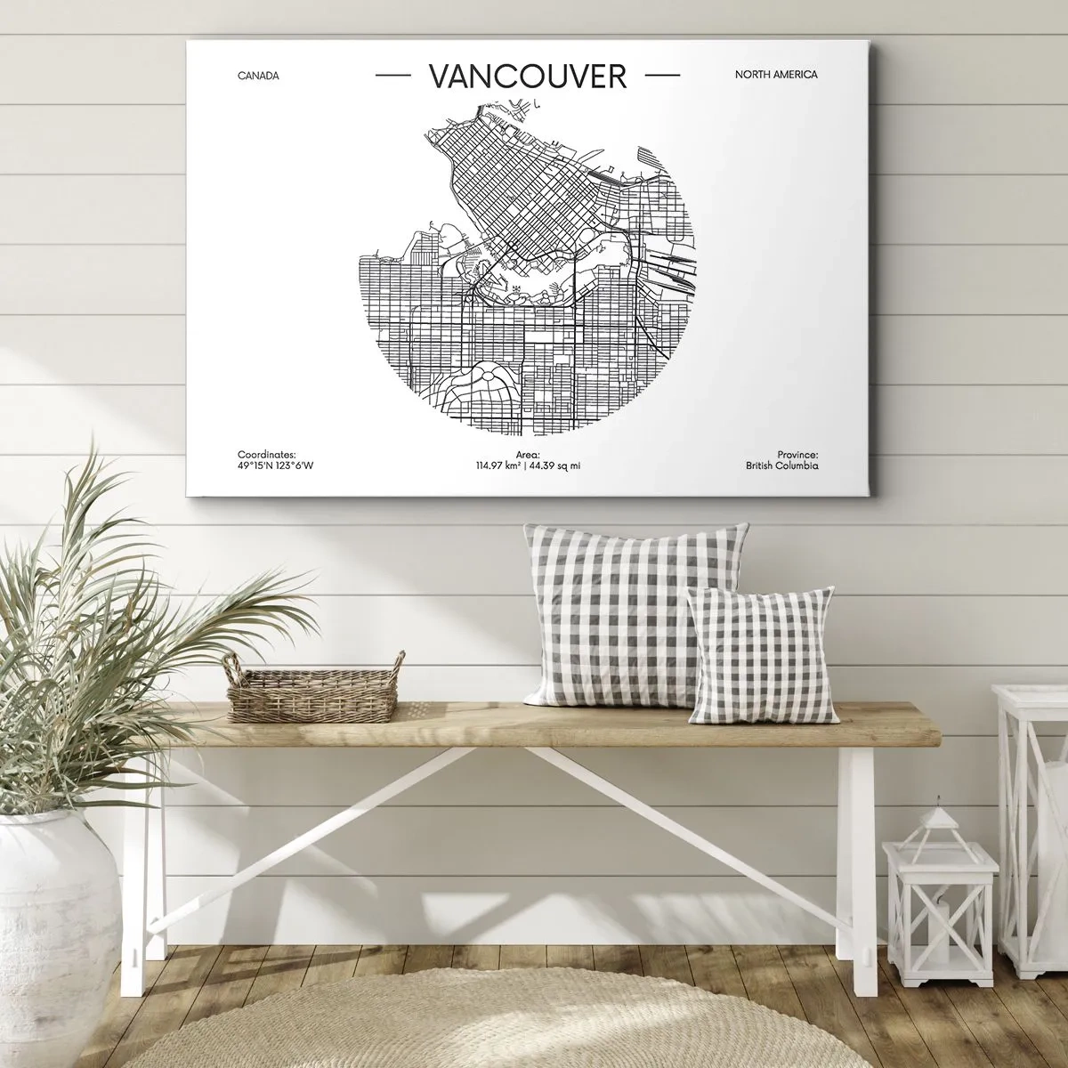 Obraz na plátne - Mapa Vancouveru v minimalistickom čiernobielom štýle - 70x50cm - Anatómia Vancouveru - Moderná nástenná dekorácia do obývacej izby a spálne ARTTOR