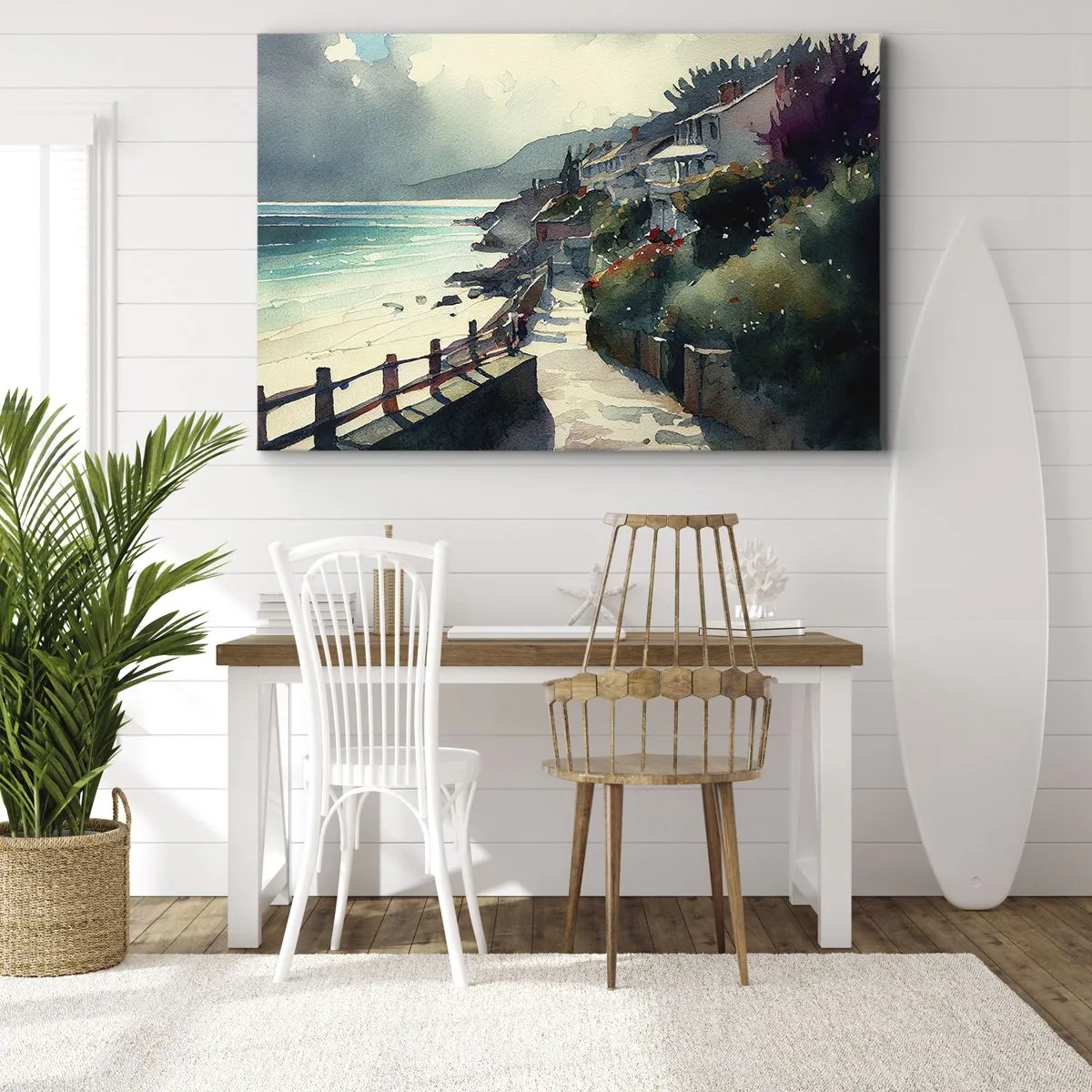 Obraz na plátne - Prímorská promenáda s domami a vegetáciou - 70x50cm - Stredomorské mestečko - Moderná nástenná dekorácia do obývacej izby a spálne ARTTOR