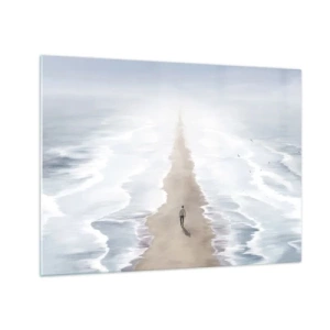 Obraz na skle - Postava kráčajúca osamote k horizontu medzi vlnami - 70x50cm - Svetlá budúcnosť - Moderná nástenná dekorácia do obývacej izby a spálne ARTTOR