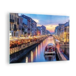 Obraz na skle - Večerný pohľad na osvetlený kanál s loďkami a kaviarňami - 70x50cm - Večer plný svetla a zábavy - Moderná nástenná dekorácia do obývacej izby a spálne ARTTOR