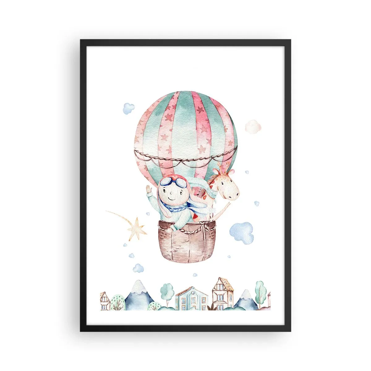 Plagát v čiernom ráme - Roztomilá ilustrácia plyšového medvedíka lietajúceho v balóne nad mestom - 50x70cm - Čoskoro sa vrátime! - Moderná nástenná dekorácia do obývacej izby a spálne ARTTOR