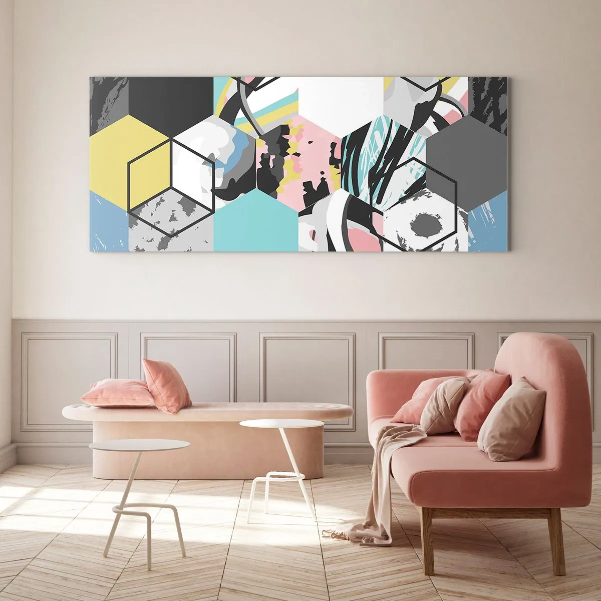 Obraz na skle - Šesťuholníky a kocky v šiestich farbách - 100x40 cm