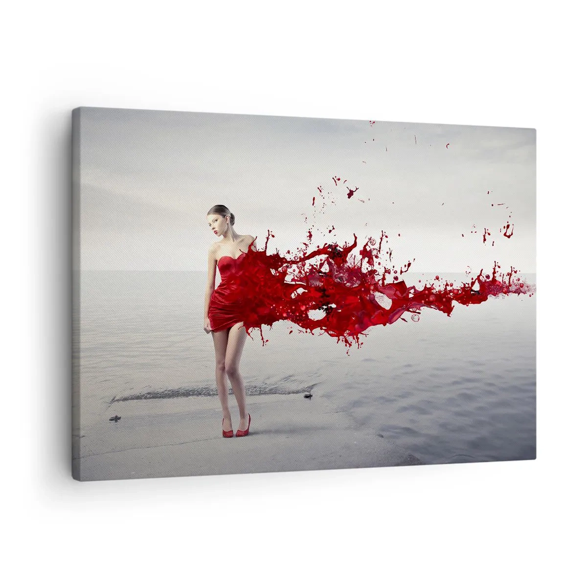 Obraz na plátne - Žena v červených šatách v umeleckej kompozícii pri vode - 70x50cm - Náruživá ako šarlátová - Moderná nástenná dekorácia do obývacej izby a spálne ARTTOR