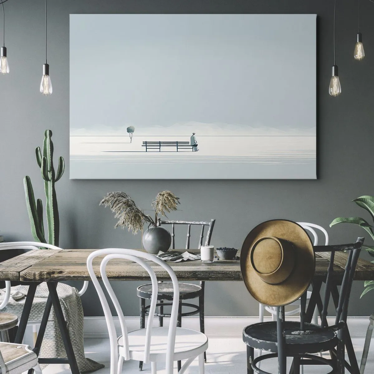 Obraz na plátne - Osoba sediaca na lavičke v minimalistickej krajine - 70x50cm - Áno, čakám. - Moderná nástenná dekorácia do obývacej izby a spálne ARTTOR