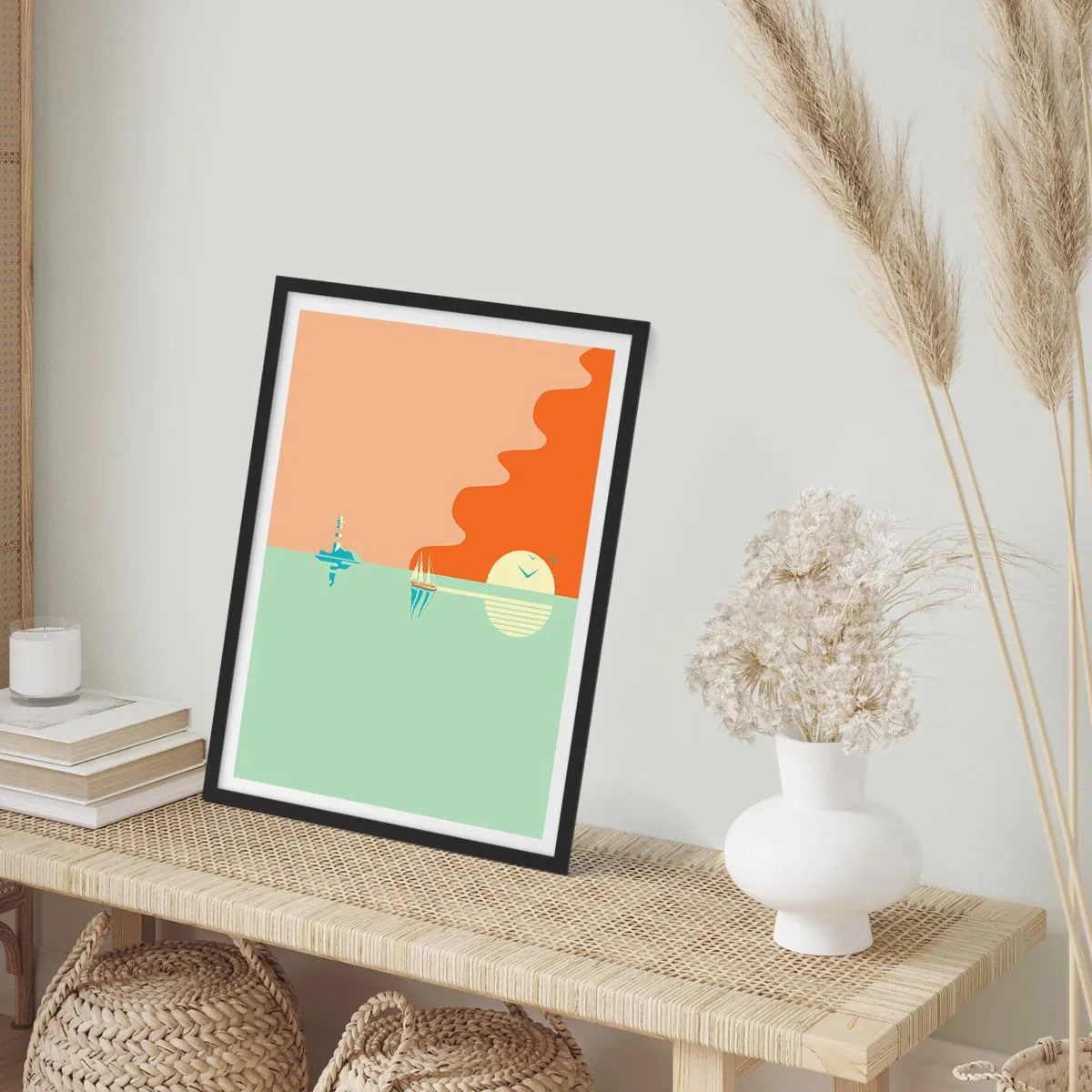 Plagát v čiernom ráme - Minimalistický západ slnka s plachetnicou v pozadí - 50x70cm - Dokonalá morská krajina - Moderná nástenná dekorácia do obývacej izby a spálne ARTTOR