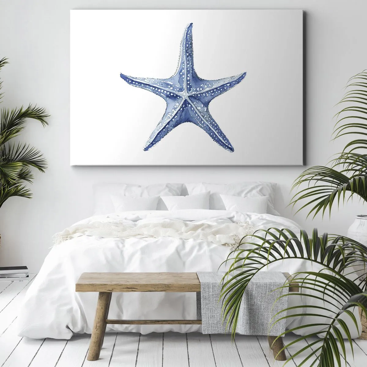 Obraz na plátne - Modrá hviezdica na bielom pozadí v minimalistickom štýle - 70x50cm - Hviezda mora - Moderná nástenná dekorácia do obývacej izby a spálne ARTTOR