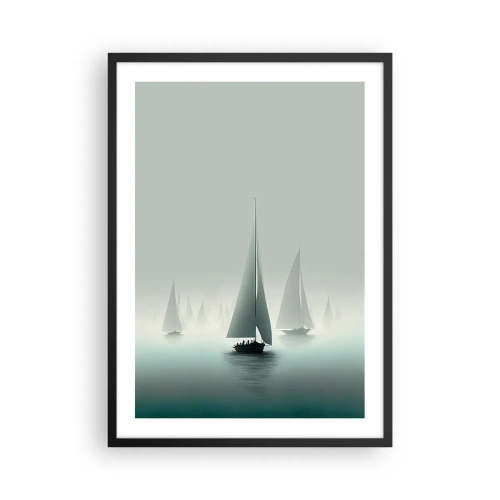 Plagát v čiernom ráme - Skupina plachetníc plaviacich sa po hmlistom mori, obklopených pokojnými vodami. - 50x70cm - Postavený z hmly - Moderná nástenná dekorácia do obývacej izby a spálne ARTTOR