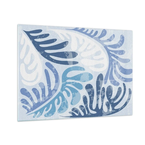 Obraz na skle - Dekoratívne listy papradia v odtieňoch modrej na svetlom pozadí - 70x50cm - Modré papradie - Moderná nástenná dekorácia do obývacej izby a spálne ARTTOR