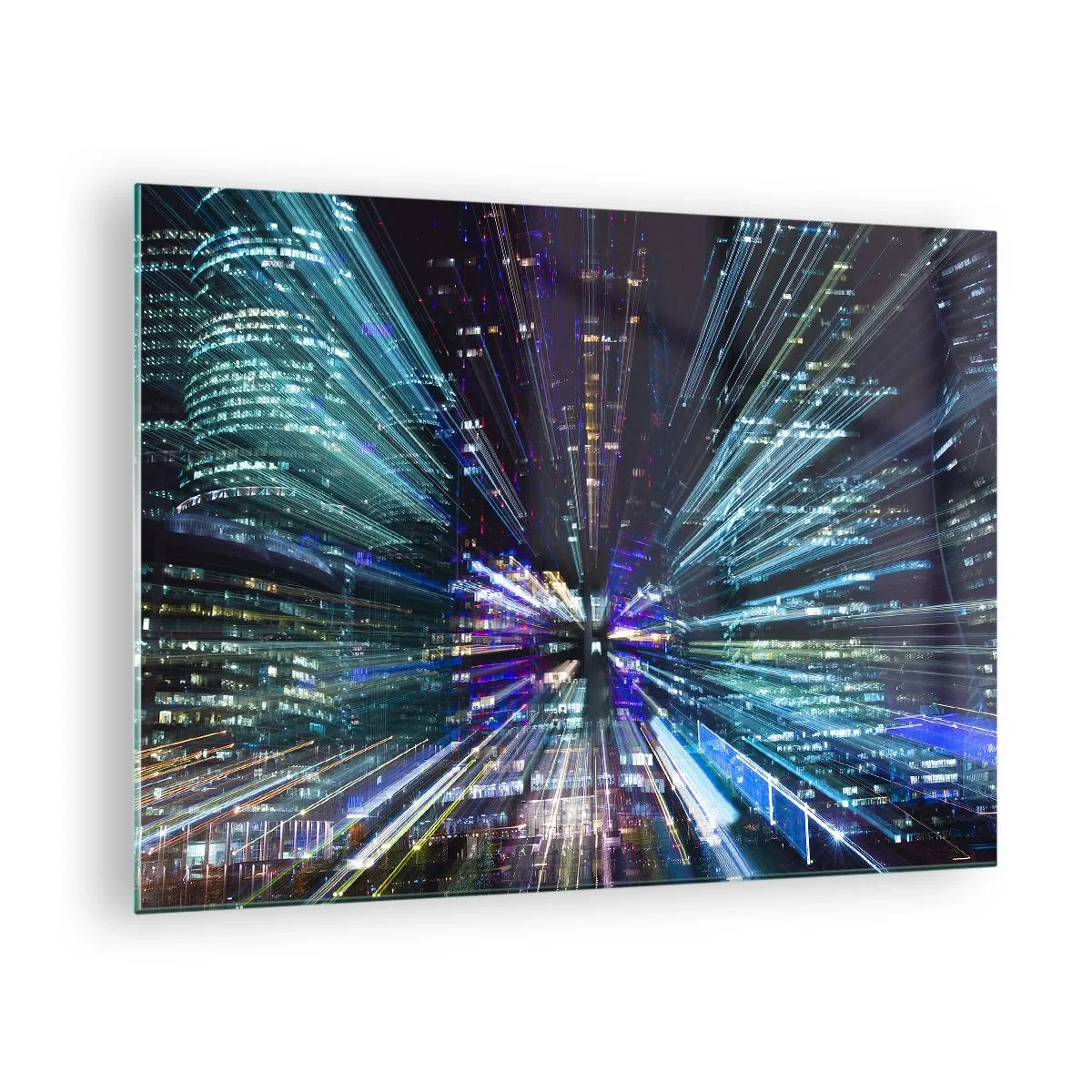 Obraz na skle - Dynamické svetelné línie na pozadí nočného mesta - 70x50cm - Prechod do hyperpriestoru - Moderná nástenná dekorácia do obývacej izby a spálne ARTTOR