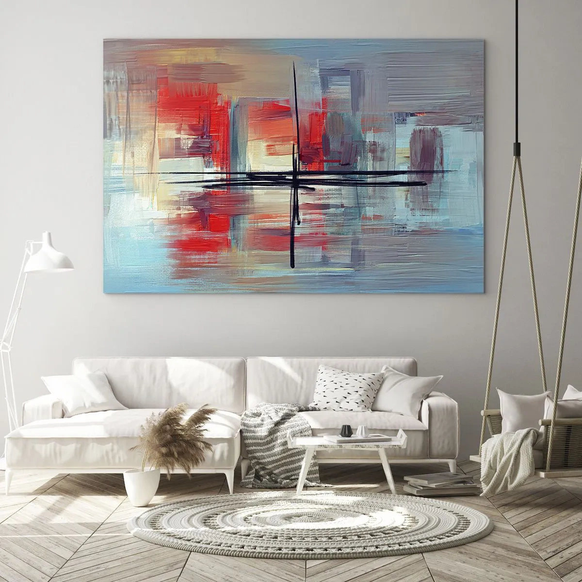 Obraz na skle - Farebná abstrakcia s červenou a modrou, inšpirovaná krajinou. - 70x50cm - Krajina v neznámej dimenzii - Moderná nástenná dekorácia do obývacej izby a spálne ARTTOR