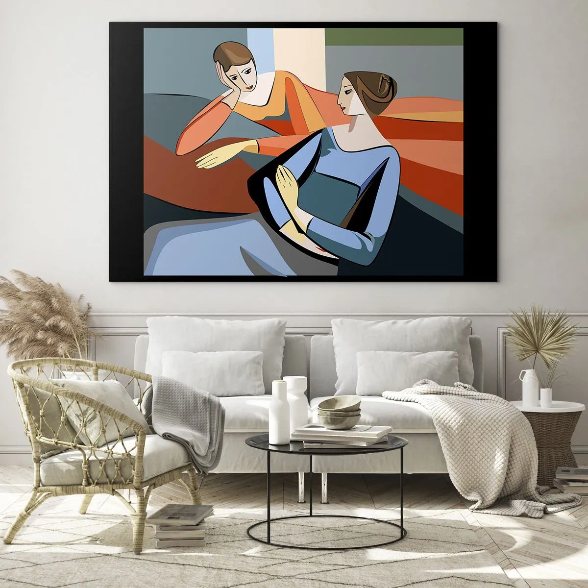 Obraz na skle - Geometrická scéna rozhovoru medzi dvoma ženami na pozadí interiéru. - 70x50cm - Dôverná chvíľa - Moderná nástenná dekorácia do obývacej izby a spálne ARTTOR