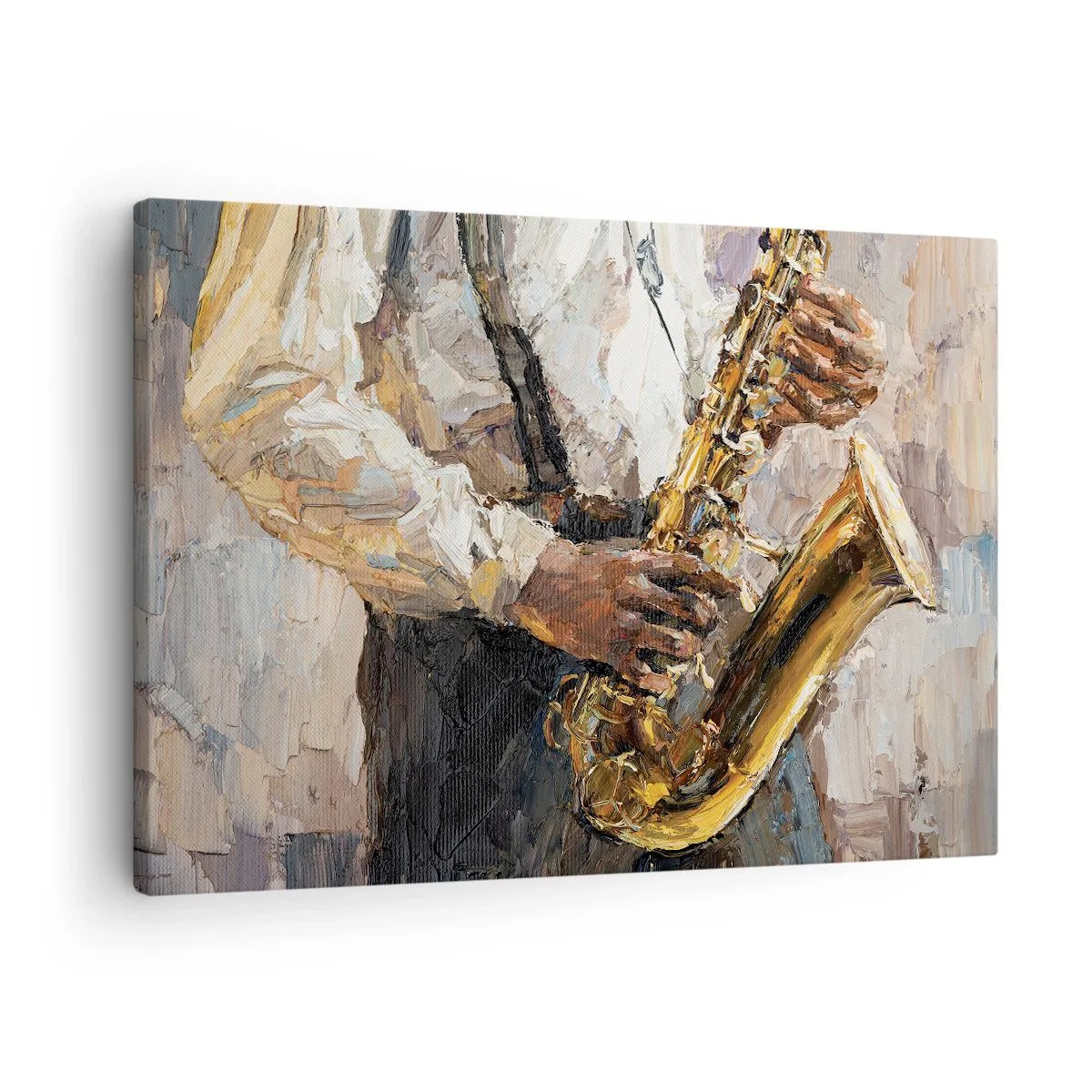Obraz na plátne - Hudobník hrajúci na saxofóne umeleckým štýlom - 70x50cm - Čas na sólovú hru - Moderná nástenná dekorácia do obývacej izby a spálne ARTTOR