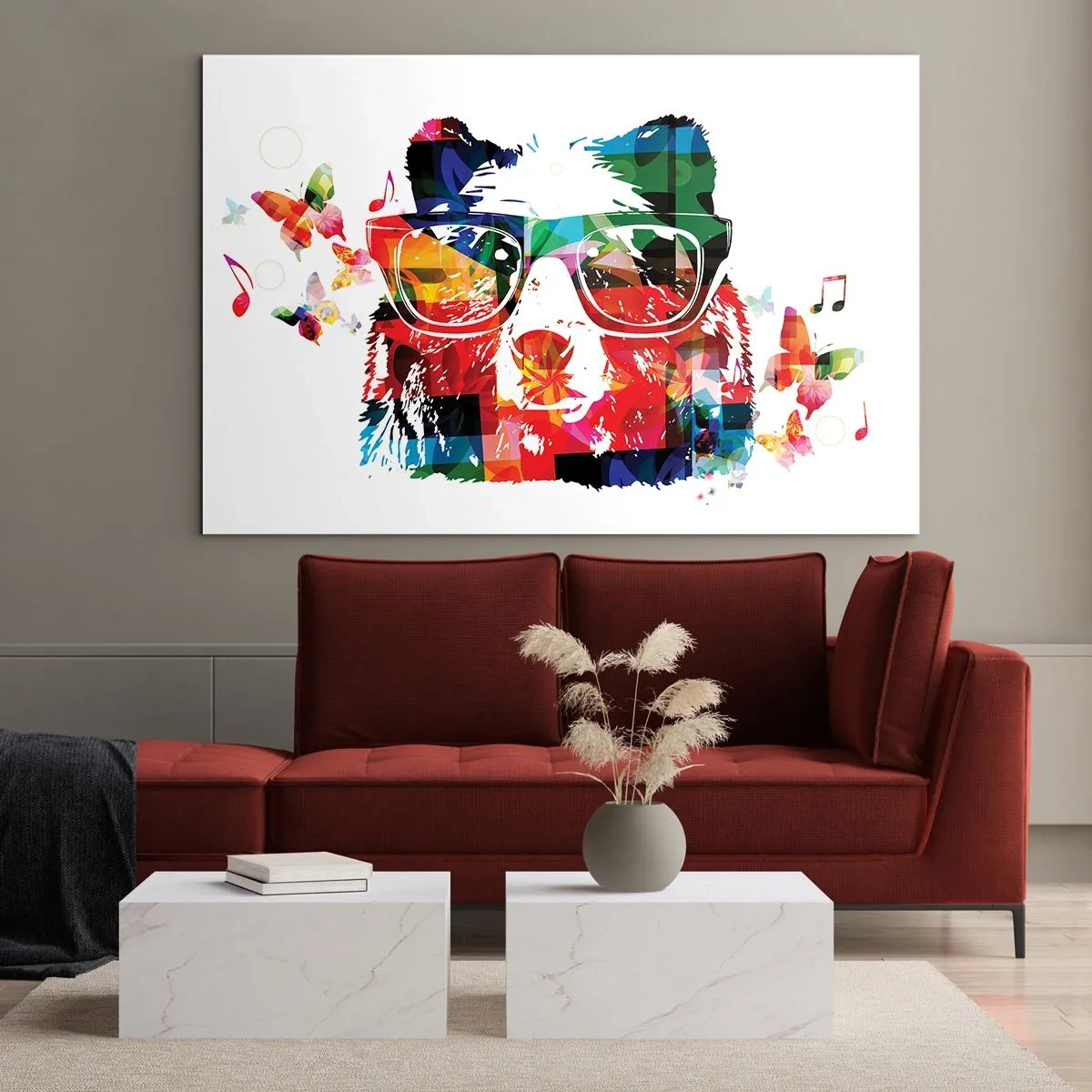 Obraz na skle - Farebný medveď s okuliarmi v štýle pop art s hudobnou tematikou - 70x50cm - Páči sa mi! - Moderná nástenná dekorácia do obývacej izby a spálne ARTTOR