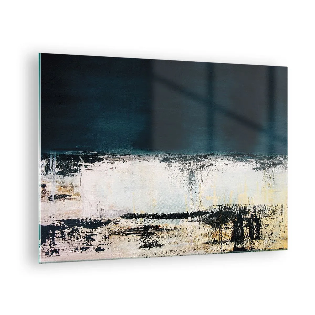 Obraz na skle - Abstraktná krajina v odtieňoch tmavomodrej a bielej - 70x50cm - Horizontálna kompozícia - Moderná nástenná dekorácia do obývacej izby a spálne ARTTOR