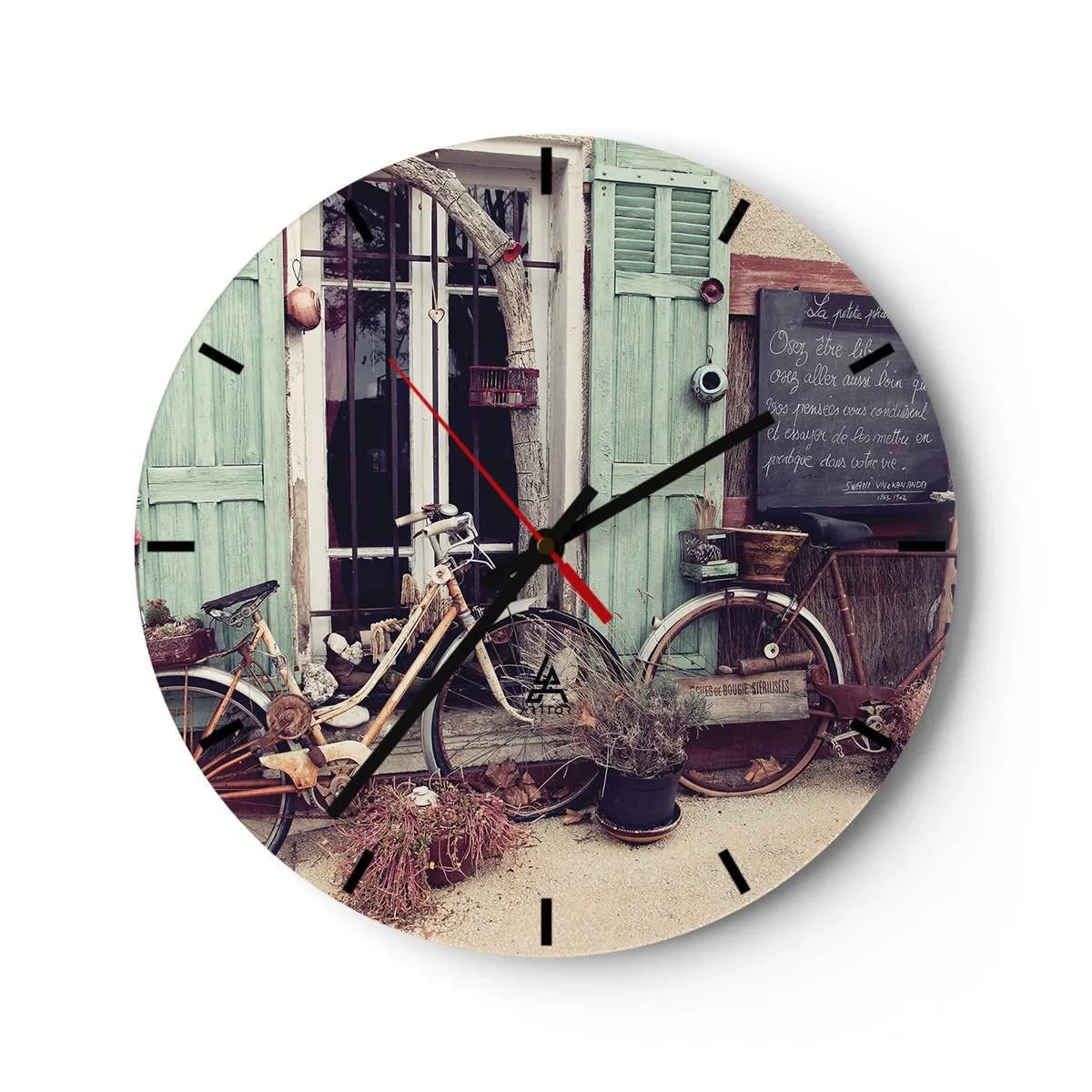 Nástenné hodiny - Retro bicykle pred zelenými okenicami - 30x30cm - Nech žije provincia - Moderná nástenná dekorácia do obývacej izby, kuchyne a spálne ARTTOR