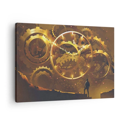 Obraz na plátne - Zlaté ozubené kolesá v surrealistickom prostredí s postavou - 70x50cm - Pri zdrojoch času - Moderná nástenná dekorácia do obývacej izby a spálne ARTTOR