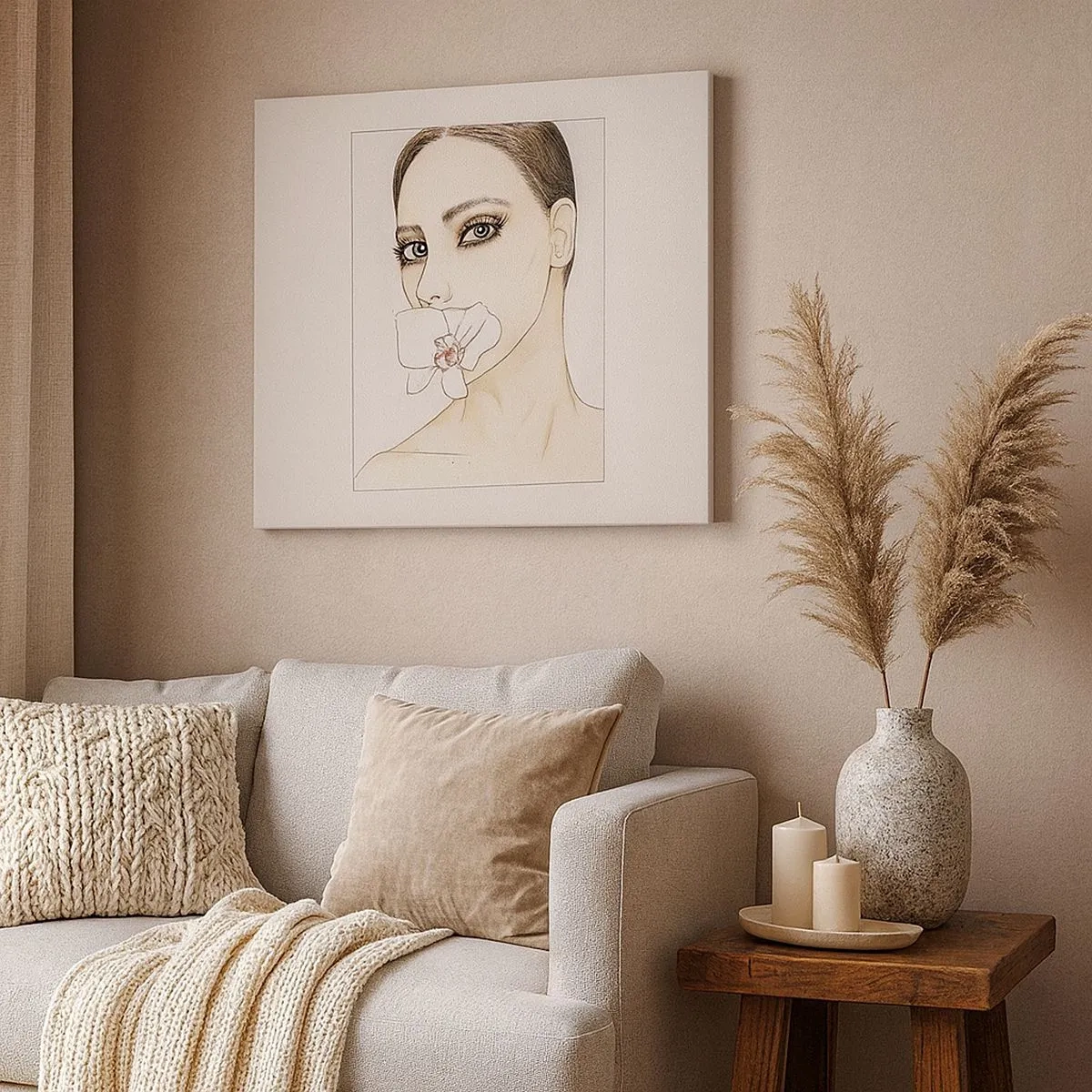 Obraz na plátne - Portrét ženy s orchideou v jemných farbách - 70x50cm - Symbol elegancie a krásy - Moderná nástenná dekorácia do obývacej izby a spálne ARTTOR